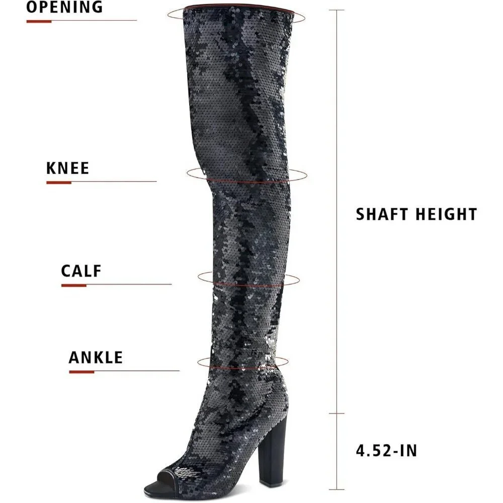 Women Black Sequin Over The Knee High Party Prom Open Toe Chunky High Heel Boot